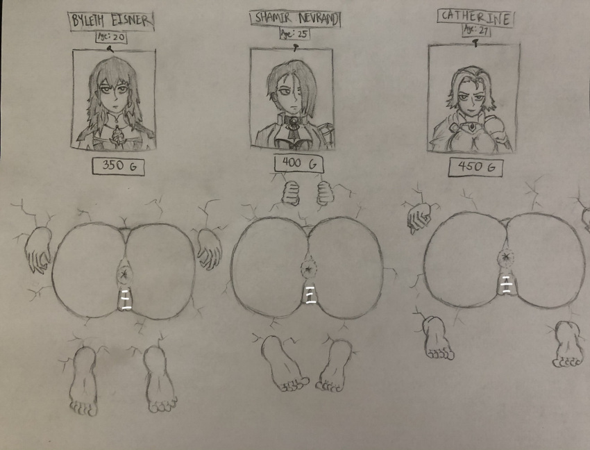 3girls anus ass badatgarbage barefoot big_ass byleth_(fire_emblem) byleth_(fire_emblem)_(female) catherine_(fire_emblem) censored female female_only fire_emblem fire_emblem:_three_houses handdrawn huge_ass large_ass multiple_girls nintendo price public_use pussy shamir_nevrand stuck_in_wall take_your_pick through_wall