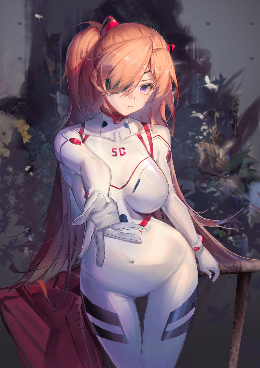 1girls asuka_langley_sohryu bad_arm bangs bodysuit breasts cameltoe clothing commentary_request covered_navel cowboy_shot eye_patch eyepatch female hair_over_one_eye highres huge_breasts large_breasts long_hair looking_at_viewer neon_genesis_evangelion nipple_bulge orange_hair plugsuit purple_eyes rabbit_(tukenitian) solo standing very_long_hair white_bodysuit