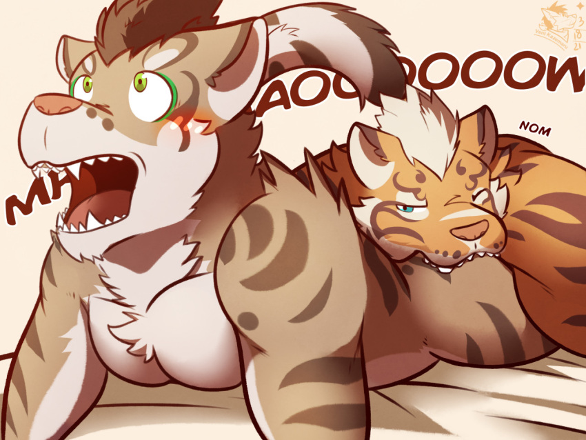 anthro bite duo felid humor leopard lin_hu lying male male/male mammal nekojishi nom nude on_front pantherine screaming shu-chi studio_klondike text tiger ventkazemaru video_games visual_novel