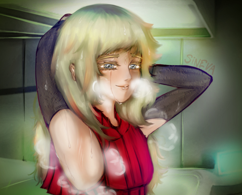 armpits arms_behind_head blonde_hair blue_eyes female female_only gnosia kukrushka sineva small_breasts smile smiling_at_viewer sweat sweatdrop visible_breath wavy_hair