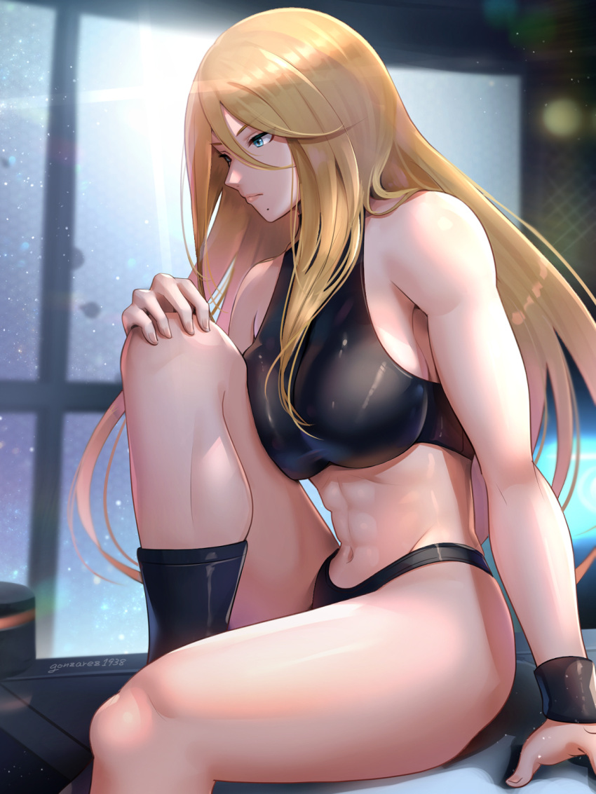 1girls abs athletic beauty_mark blonde_hair boots clothed clothing female female_only gonzarez hand_on_leg human human_only long_hair looking_down metroid navel nintendo remake samus_aran sitting solo space sports_bra super_metroid thick_thighs thighs thong underwear window wristband