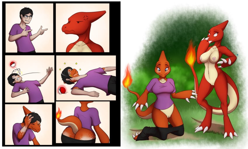 2021 after_transformation anthro ass black_hair blush breasts charmeleon clothing comic duo eyewear female gender_transformation genitals glasses growth hair human human_to_anthro kneeling male mammal mtf_transformation nintendo nipples nude pokémon_(species) poke_ball pokemon pussy red_body shirt simple_background smile species_transformation standing surprise tail_growth tomek1000 topwear transformation unconscious video_games