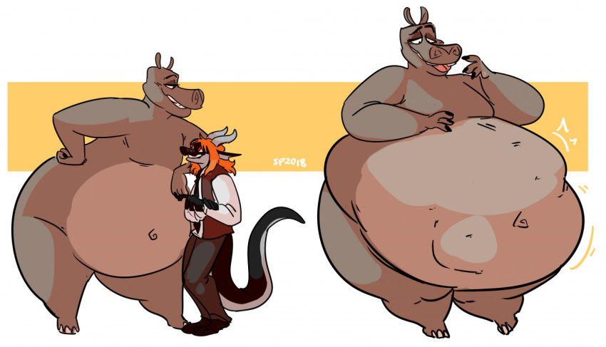 2018 anthro bbw belly big_belly common_hippopotamus dragon dreamworks duo female gloria_the_hippopotamus hippo hippopotamid hippopotamus huge_belly hyper hyper_belly larger_female madagascar_(series) male navel rumbling_stomach simple_background size_difference stomach_bulge swallow sweatpants_(artist) thick_thighs vore what wide_hips