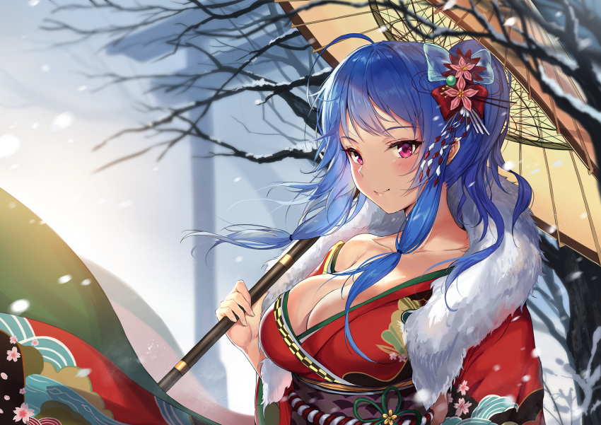 1girls ahoge azur_lane bare_shoulders blue_hair blush bow breasts cleavage closed_mouth collarbone female female_only fur_trim hair_ornament hairbow highres huge_breasts japanese_clothes kimono large_breasts light-skinned_female light_skin looking_at_viewer outdoors pdxen pink_eyes red_bow red_kimono short_hair smile snow solo st._louis_(azur_lane) st._louis_(spirits_in_the_snow)_(azur_lane) tree umbrella winter