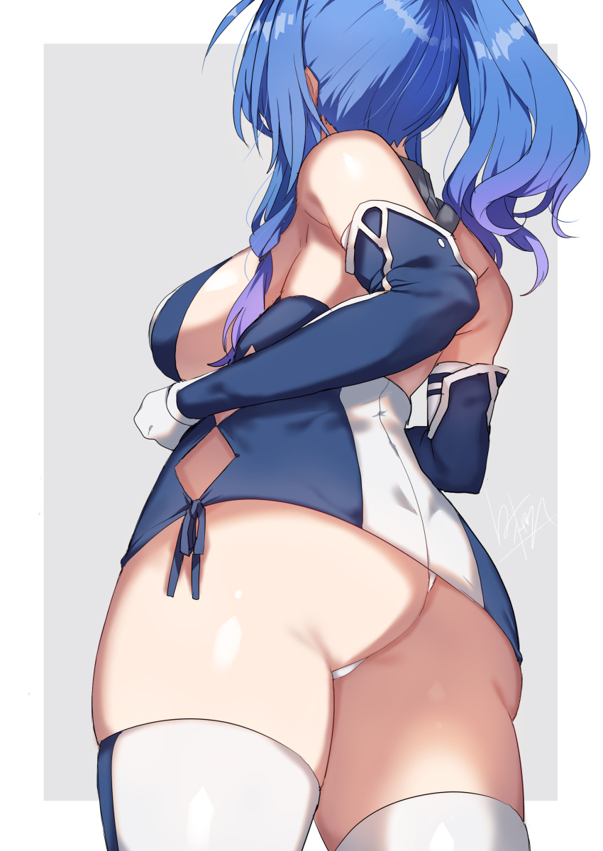 absurdres ahoge argyle_cutout ass azur_lane back bangs bare_shoulders blue_gloves blue_hair border breasts clothing_cutout dress elbow_gloves female gloves grey_background highres huge_ass large_breasts long_hair mashiro_(rikuya) panties ponytail sideboob sidelocks solo st._louis_(azur_lane) taut_clothes taut_dress thighhighs underwear white_border white_legwear white_panties