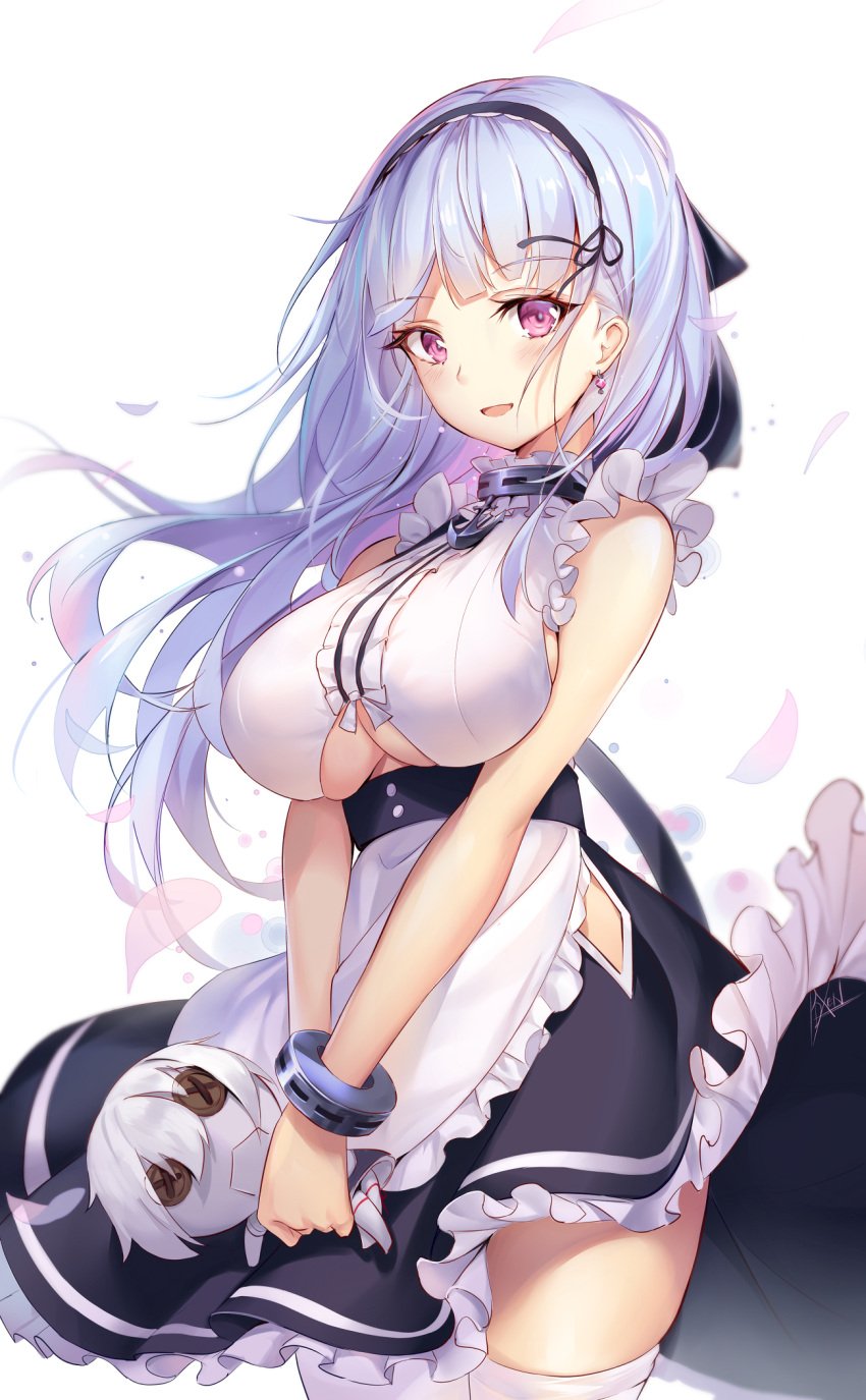 1girls azur_lane bare_shoulders breasts character_doll clothing_cutout cowboy_shot dido_(azur_lane) dress earrings female frilled_dress frills hairband highres holding jewelry large_breasts long_hair looking_at_viewer open_mouth pdxen petals pink_eyes silver_hair simple_background sleeveless sleeveless_dress smile solo thighhighs underboob underboob_cutout v_arms white_background white_legwear zettai_ryouiki