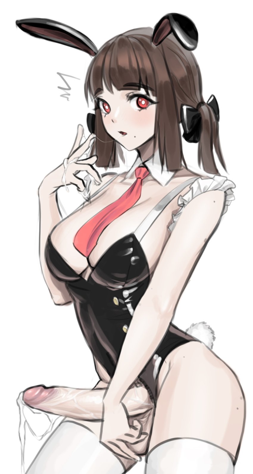 absurdres animal_ears bangs black_leotard breasts bright_pupils brown_hair bunny_ears bunny_tail cleavage cum cum_on_hands detached_collar eyebrows_visible_through_hair fake_animal_ears fake_tail female futanari highres horny human large_breasts leotard looking_at_viewer medium_hair necktie norunollu original penis red_eyes red_neckwear rodr_339 simple_background solo tail testicles thighhighs white_background white_legwear white_pupils