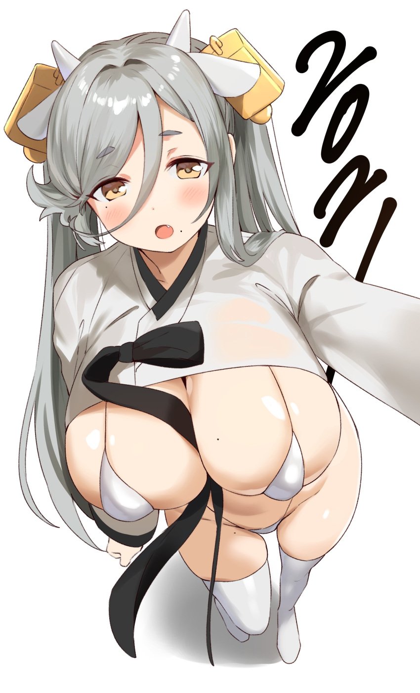 :o absurdres animal_ears bell bikini bikini_bottom bikini_top blush breasts cow_ears cow_horns extra_ears hair_ornament highres horns huge_breasts large_breasts meettheton mole mole_on_breast mole_under_eye necktie oerba_yun_fang open_mouth original perspective reaching see-through see-through_shirt silver_hair swimsuit tareme thighhighs yellow_eyes