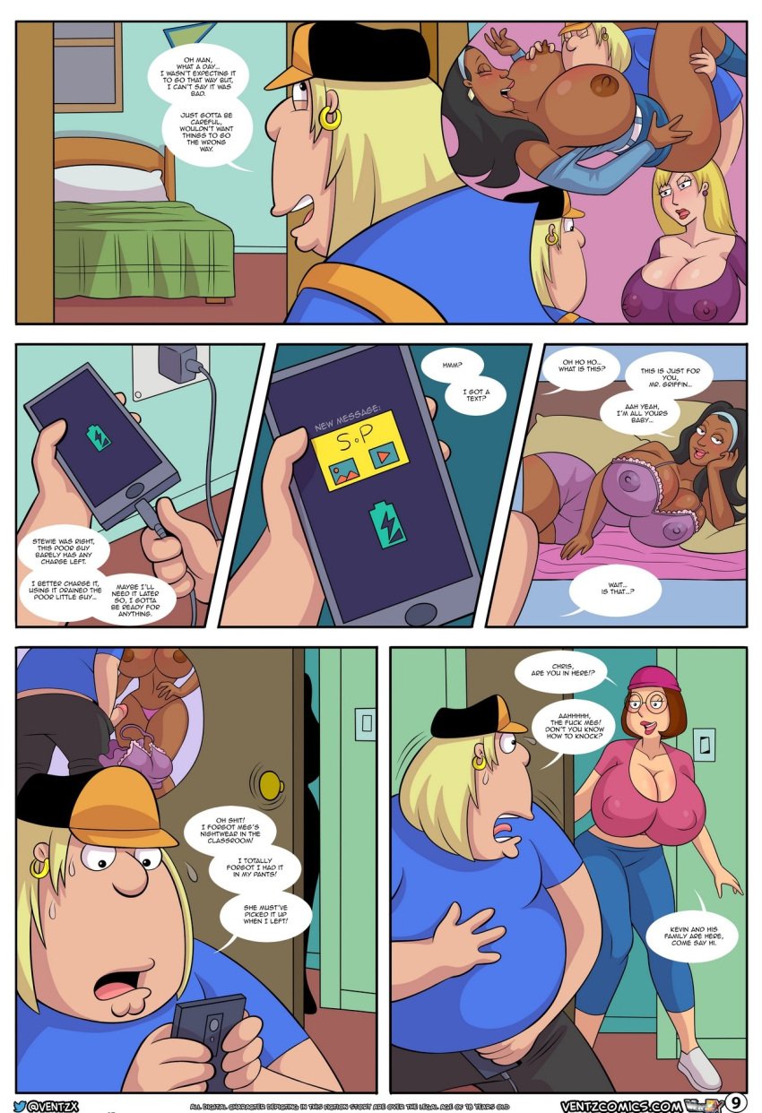 1boy 1boy1girl 3girls 6_panel_comic alternate_breast_size arabatos blonde_hair breasts brother_and_sister busty chris_griffin cleavage clothing comic connie_d'amico dark-skinned_female dark_skin dialogue ear_piercing earrings family_guy fantasizing female glistening_areola glistening_nipples glistening_shoulders grown_up hips hourglass_figure hyper_breasts interracial jewelry legs light-skinned_female light-skinned_male light_skin lips lipstick male meg_griffin multiple_girls nipple_bulge nipples_visible_through_clothing page_9 page_number piercing shauna_parks shiny_breasts shiny_hair shiny_skin short_hair speech_bubble thick thick_legs thick_thighs thighs ventzcomics ventzx voluptuous wide_hips