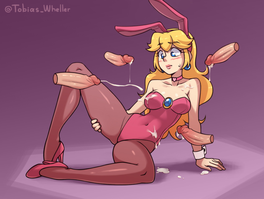 1girls 4boys blonde_hair blue_eyes blush breasts bukkake bunny_ears bunny_girl bunnysuit choker cleavage cum cum_on_body cum_on_breasts disembodied_penis female female_focus full_body fully_clothed high_heels human leotard long_hair male mario_(series) multiple_boys multiple_penises nintendo pantyhose penis pink_leotard princess_peach purple_background simple_background solo_focus strapless strapless_leotard surrounded_by_penises tobias_wheller wrist_cuffs