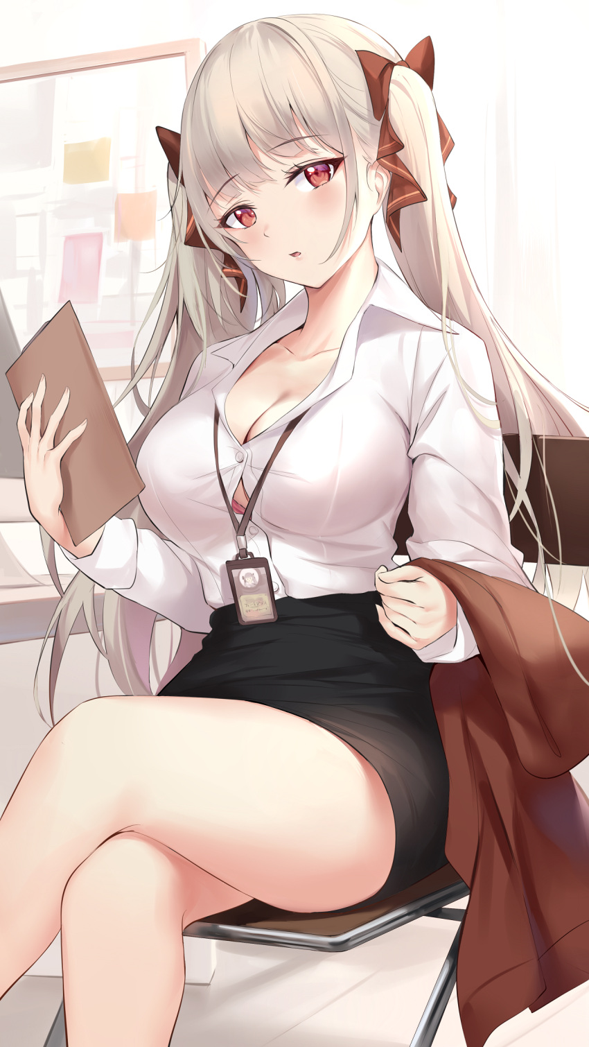 azur_lane bangs bare_legs black_skirt blush bra bra_peek breasts button_gap buttons chair cleavage collarbone collared_shirt dress_shirt female formidable_(azur_lane) grey_hair hair_ribbon high-waist_skirt highres id_card indoors lanyard large_breasts legs_crossed long_hair long_sleeves looking_at_viewer miniskirt off_shoulder office_lady parted_lips pdxen pencil_skirt pink_bra red_bra red_eyes ribbon shirt shirt_tucked_in sitting skirt thighs tight twintails underwear white_hair white_shirt