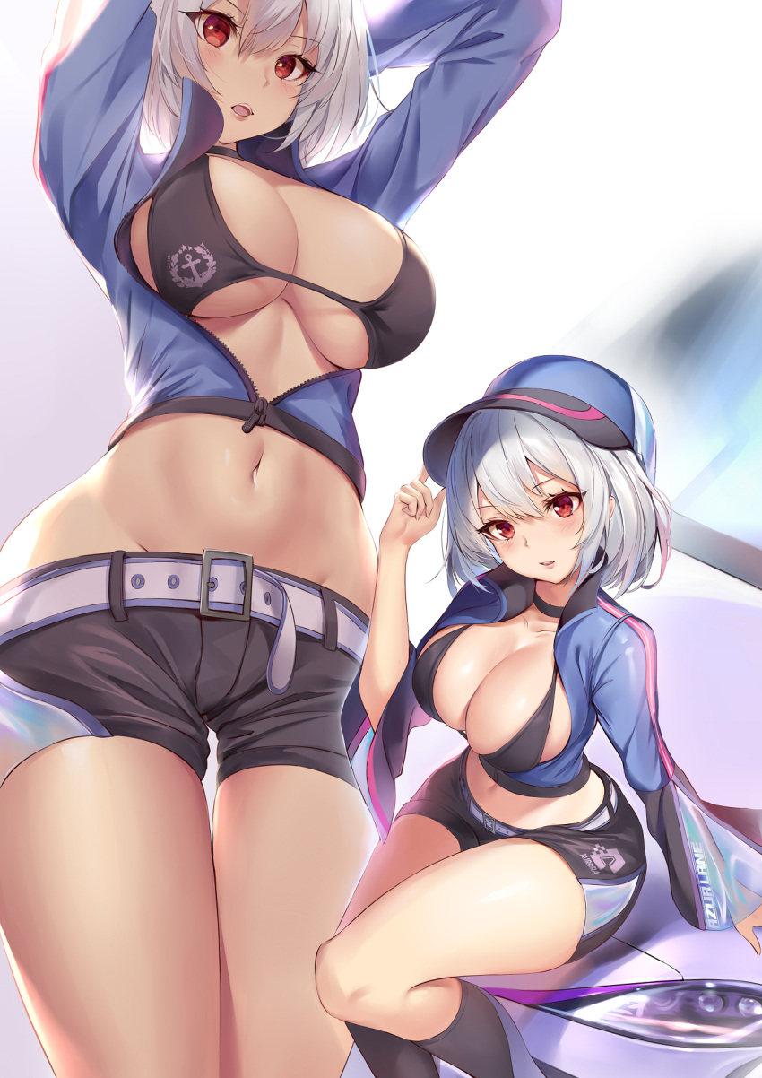 1girls azur_lane bangs bikini bikini_top blush breasts car eyebrows_visible_through_hair female ground_vehicle hair_between_eyes highres huge_breasts large_breasts looking_at_viewer motor_vehicle multiple_views navel open_mouth pdxen race_queen red_eyes short_hair short_shorts shorts sirius_(azur_lane) sitting smile swimsuit swimsuit_under_clothes white_hair