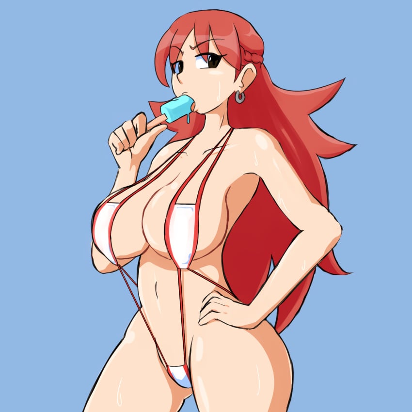 1girls 5_fingers angry armpits asymmetrical_hair bare_shoulders big_breasts bikini black_eyes bra braid breasts capcom cleavage clothed clothes clothing earrings eyebrows eyelashes female female_only fupoo hair_down hips humanoid ice_cream iroaya_madoi large_breasts long_hair looking_aside mega_man mega_man_battle_network ms._madd one-piece_swimsuit panties popsicle red_hair side_braid sling_bikini slingshot_swimsuit solo solo_female square_bikini swimsuit tagme thick thick_thighs thighs wet wide_hips