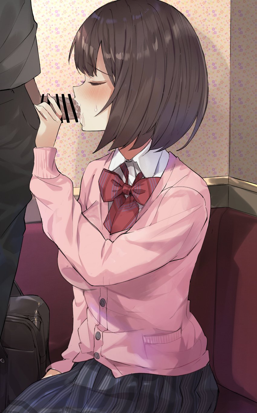 1boy 1girls blush bob_cut censored closed_eyes dark-skinned_male fellatio interracial male/female masco penis saliva school_uniform seifuku sweat sweatdrop sweater tagme