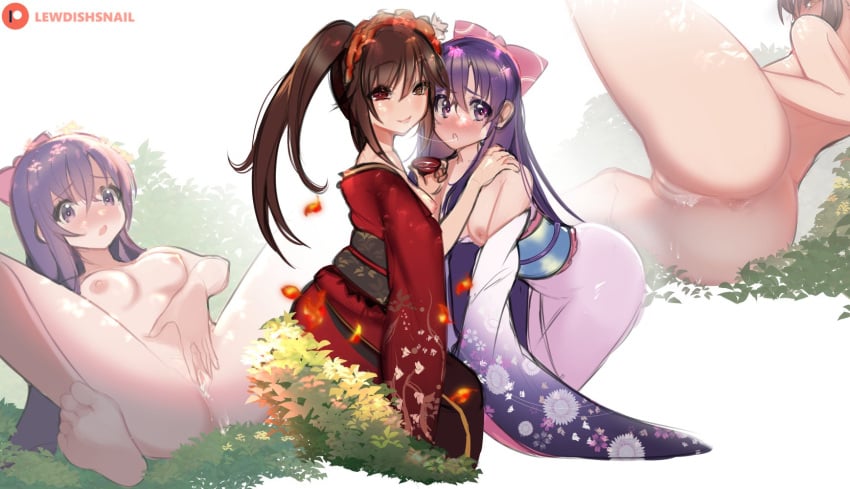 2girls alcohol ass ass_focus bow breasts brown_hair date_a_live female female_only hand_on_shoulder heterochromia kimono kissing laying_on_back laying_on_side lewdishsnail long_hair masturbation medium_breasts multiple_girls nipples outside purple_eyes purple_hair pussy pussy_juice pussy_juice_drip sake saliva saliva_string saliva_trail spread_legs spread_pussy tokisaki_kurumi twintails yatogami_tohka yuri