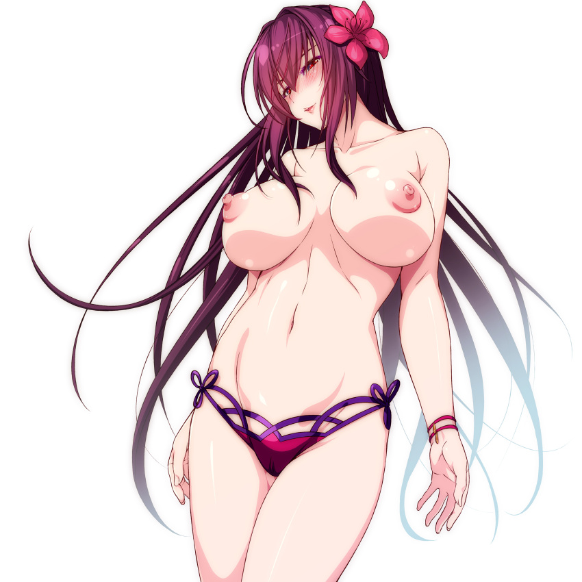 1girls 846-gou areolae bare_shoulders bikini_bottom curvaceous curvy erect_nipples fate/grand_order fate_(series) high_resolution huge_breasts large_breasts long_hair looking_away mature_female mature_woman purple_hair red_eyes scathach_(fate) scathach_(swimsuit_assassin) standing topless