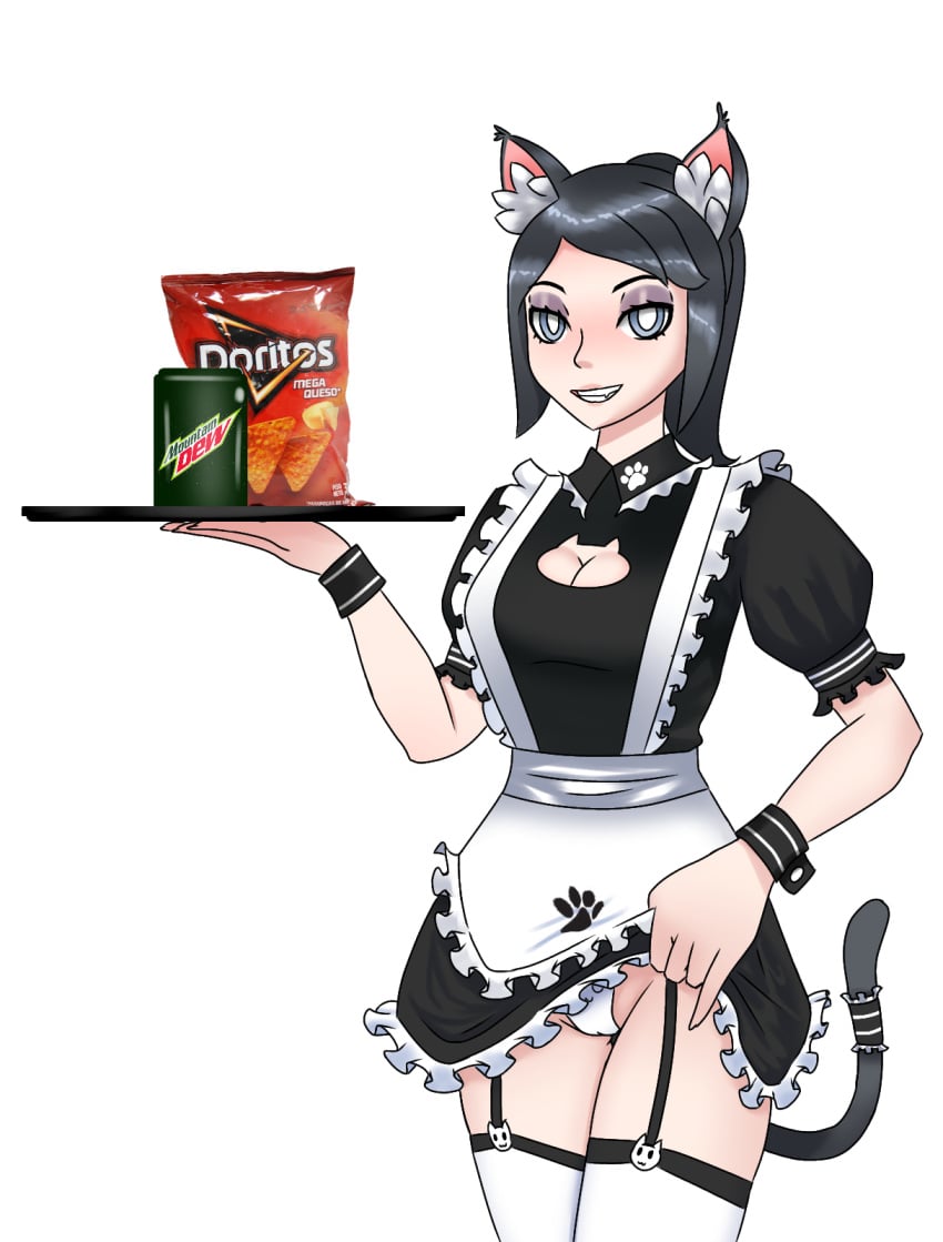 1girls black_hair boob_window catgirl dita female female_only happy_female horny horny_female kemono looking_at_viewer maid maid_outfit mountain_dew skirt skirt_lift smiling_at_viewer solo thin_female war_thunder