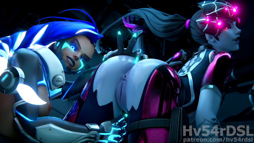 3d anus ass blender blue_eyes blue_hair breasts cyberspace_sombra exposed_ass exposed_pussy hand_on_ass hv54rdsl latina long_fingernails looking_at_viewer overwatch purple_eyes purple_skin pussy smile sombra spider_widowmaker teeth vagina widowmaker