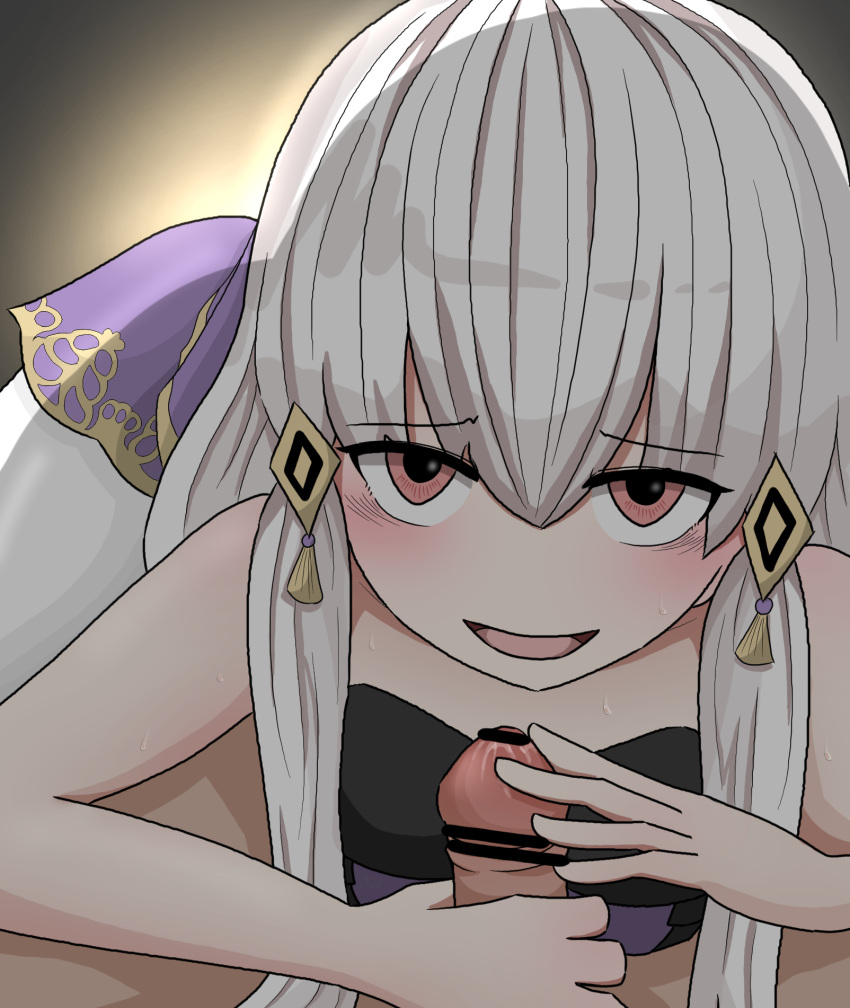 1girls amamitsu9 censored fire_emblem fire_emblem:_three_houses imminent_fellatio imminent_oral long_hair lysithea_von_ordelia nintendo penis_grab pink_eyes white_hair