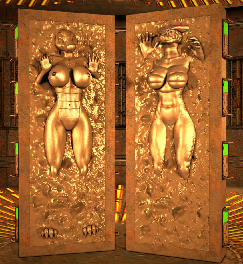 3d_(artwork) anthro bound breasts carbonite cobra digital_media_(artwork) dragon duo encasement female frozen furry hi_res nipples nude reptile scalie sfmcarbonfreezer snake source_filmmaker star_wars