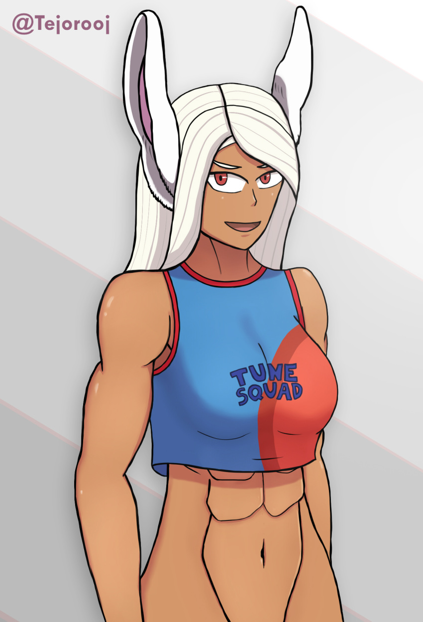 1girls abs animal_ear_fluff animal_ears breasts bunny_ears crop_top dark-skinned_female dark_skin female female_only fully_clothed large_breasts lola_bunny_(cosplay) long_hair looking_at_viewer looney_tunes miruko muscular muscular_female my_hero_academia red_eyes rumi_usagiyama solo solo_female space_jam tejorooj toned white_hair