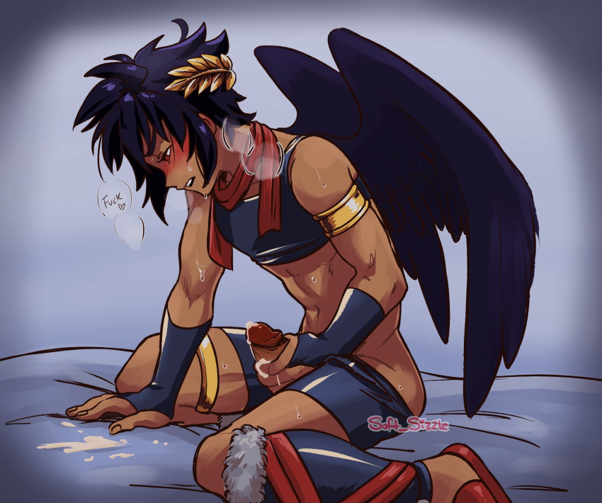 1boy angel angel_wings armlet black_hair blush blushing crop_top cum cum_on_hand cum_on_penis cum_on_sheets dark-skinned_femboy dark-skinned_male dark_pit dark_skin femboy fingerless_gloves hand_on_penis kid_icarus kid_icarus_uprising male male_only masturbation muscular panting post_orgasm red_eyes shorts shorts_down soft_sizzle solo sweat