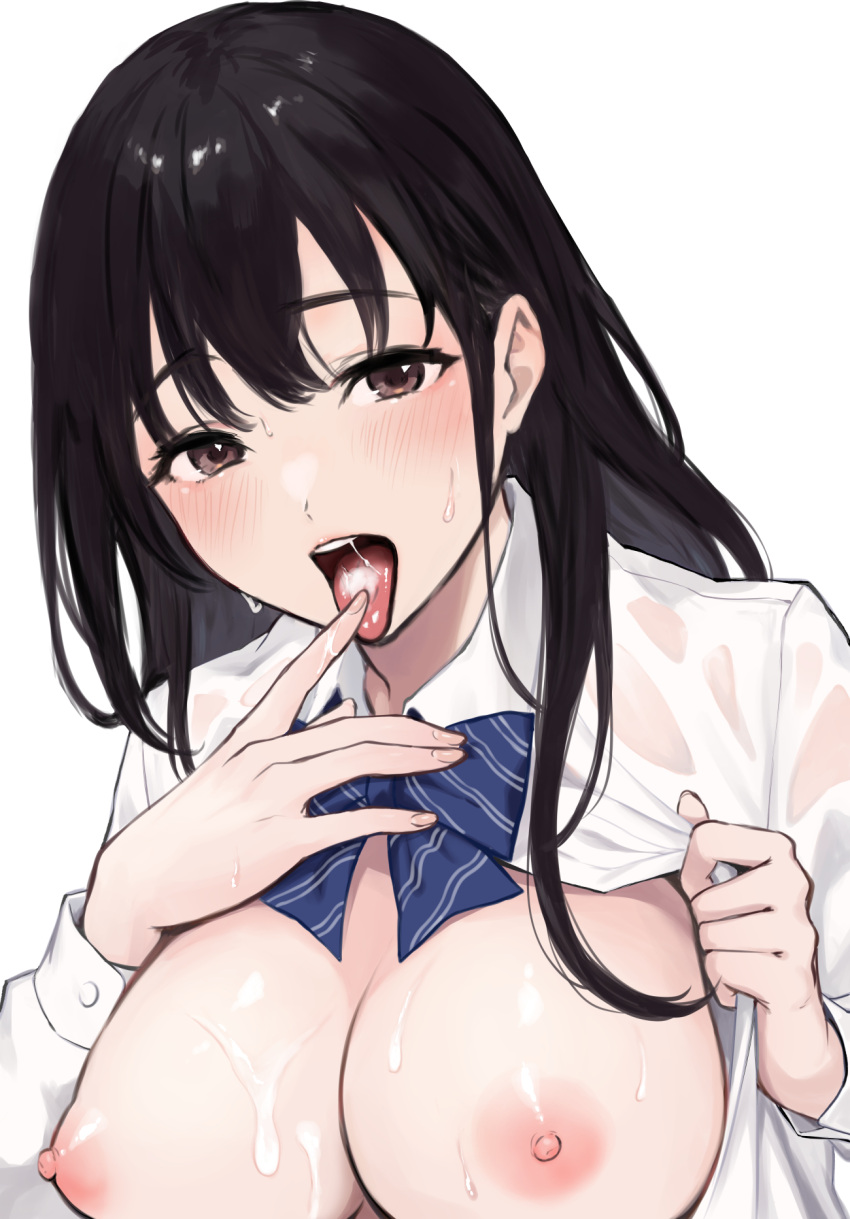 bangs black_hair blue_bow blue_neckwear blush bow bowtie breasts brown_eyes cleavage collared_shirt commentary_request cum cum_in_mouth cum_on_body cum_on_breasts cum_on_tongue diagonal-striped_neckwear diagonal_stripes dress_shirt eyebrows_visible_through_hair female finger_to_tongue fingernails hands_up highres large_breasts long_hair long_sleeves looking_at_viewer miyabe_kiwi nipples open_clothes open_mouth open_shirt original see-through shirt sidelocks simple_background solo striped striped_neckwear sweat tongue tongue_out upper_body upper_teeth wet wet_clothes wet_shirt white_background white_shirt