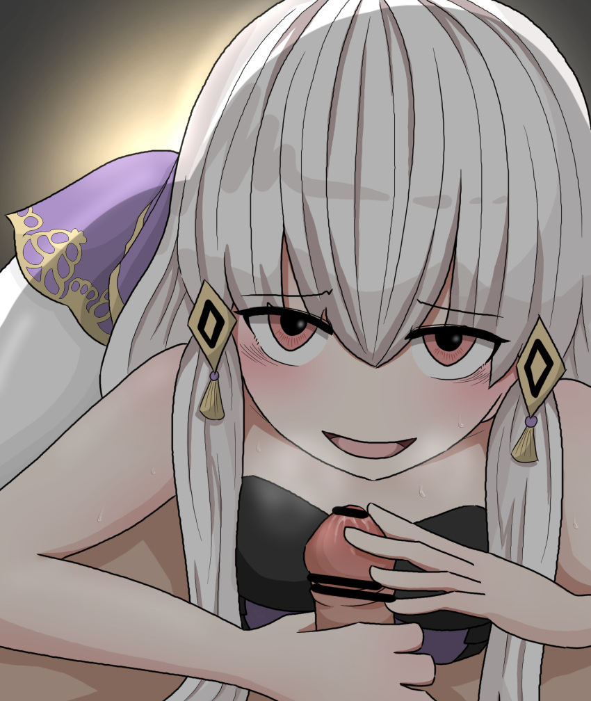 1girls amamitsu9 censored fire_emblem fire_emblem:_three_houses heavy_breathing imminent_fellatio imminent_oral long_hair lysithea_von_ordelia nintendo penis_grab pink_eyes white_hair