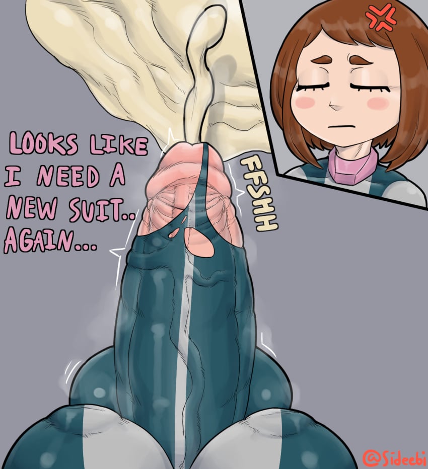 1futa bodysuit cum dialogue excessive_cum futa_only futa_pov futanari hyper hyper_cum hyper_penis large_breasts my_hero_academia ochako_uraraka ripped_clothing sideebi solo_futa steam text tight_clothing