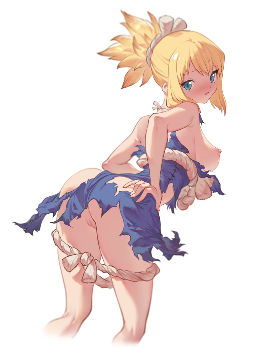 areolae ass bare_shoulders big_breasts blonde_hair blue_eyes blush breasts censored clothing depth_of_field dr.stone exposed_breasts female hand_on_ass highres innie_pussy kohaku_(dr.stone) legs looking_back medium_hair mosaic_censoring nipples no_bra no_panties open_mouth pussy sanooxo solo_female thighs torn_clothes white_background