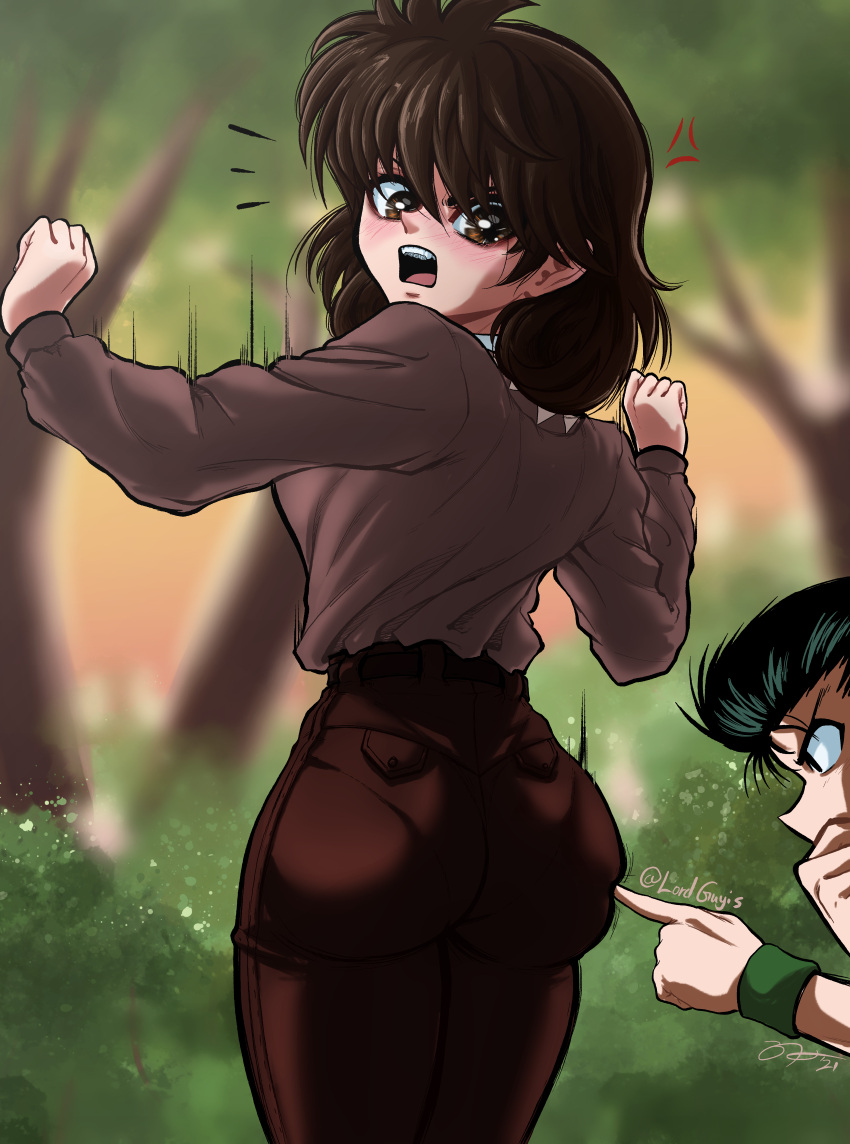 1boy 1girls ass big_ass blush brown_eyes brown_hair clothing dat_ass faceless_male high_waisted_pants keiko_yukimura lordguyis nice_ass pantylines poke sweater thick_thighs thighs tight_pants yu_yu_hakusho yusuke_urameshi