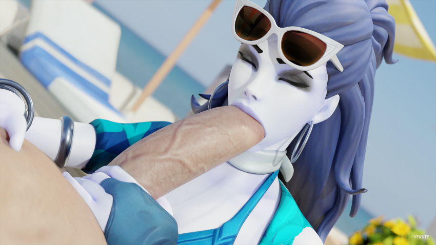 1boy 1girls 3d alternate_costume blender bracelets cote_d'azur_widowmaker earrings erection eyes_closed fellatio female hand_on_penis huge_cock light-skinned_male light_skin male oral overwatch penis purple_hair purple_skin straight sunglasses sunglasses_on_head veiny_penis vekkte widowmaker