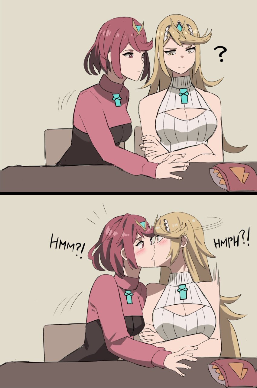 2girls accidental_circumstance accidental_kiss accidental_selfcest accidental_yuri blonde_hair cleavage fully_clothed incest jourd4n kissing lesbian_kiss mythra nintendo nintendo_switch pyra red_hair selfcest virgin_killer_sweater xenoblade_(series) xenoblade_chronicles_2 yuri