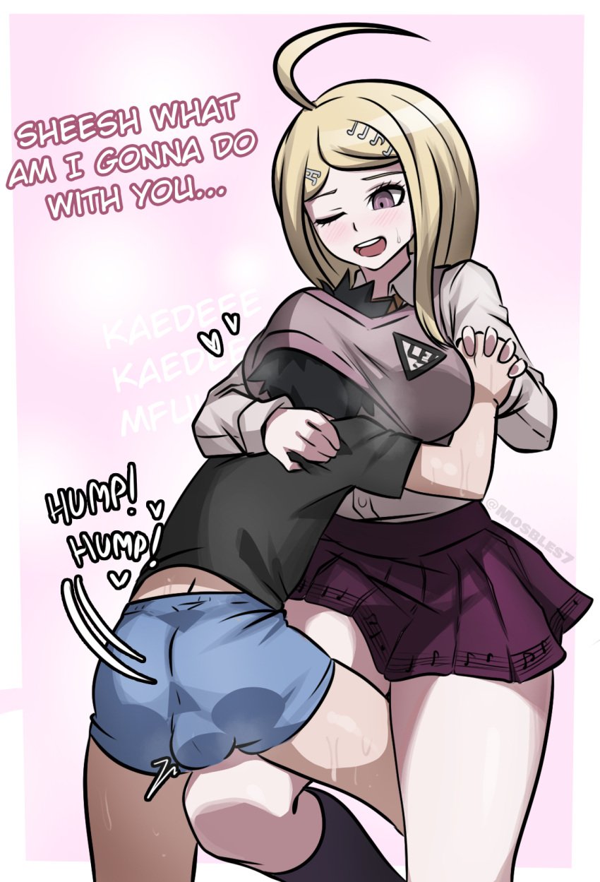 1boy 1girls akamatsu_kaede backsack bulge clothed_sex danganronpa danganronpa_v3 dialogue dry_humping femdom gentle_femdom head_on_breasts head_under_clothes holding_hands humping kneehighs mosbles sweat tagme thick_thighs thigh_sex through_clothes wink