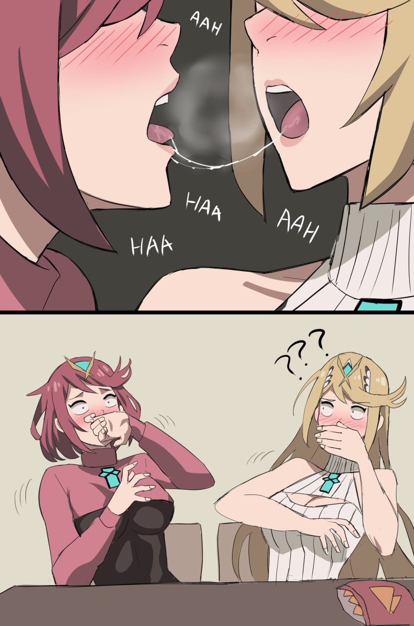 2girls accidental_circumstance accidental_kiss accidental_selfcest accidental_yuri blonde_hair blush cleavage covering_mouth french_kiss fully_clothed gasp incest jourd4n kissing lesbian_kiss lipstick mythra nintendo nintendo_switch pyra red_hair saliva saliva_trail selfcest sloppy_kiss virgin_killer_sweater xenoblade_(series) xenoblade_chronicles_2 yuri