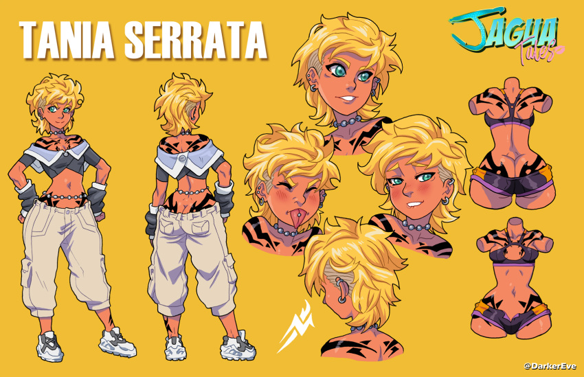 1girls ass_cleavage belly_chain blonde_hair blue_eyes butt_crack character_sheet darkereve jagua_tales model_sheet piercings short_hair small_breasts tagme tan tan_skin tania_serrata tattoos white_shoes