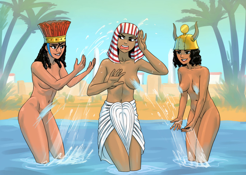 3girls black_hair bronze_age brown_eyes convenient_censoring egypt egyptian egyptian_mythology flick flick-the-thief headdress helmet hittite loincloth medium_breasts mythology naked nude nude_female original original_characters public_domain sea_people sea_peoples splashing topless