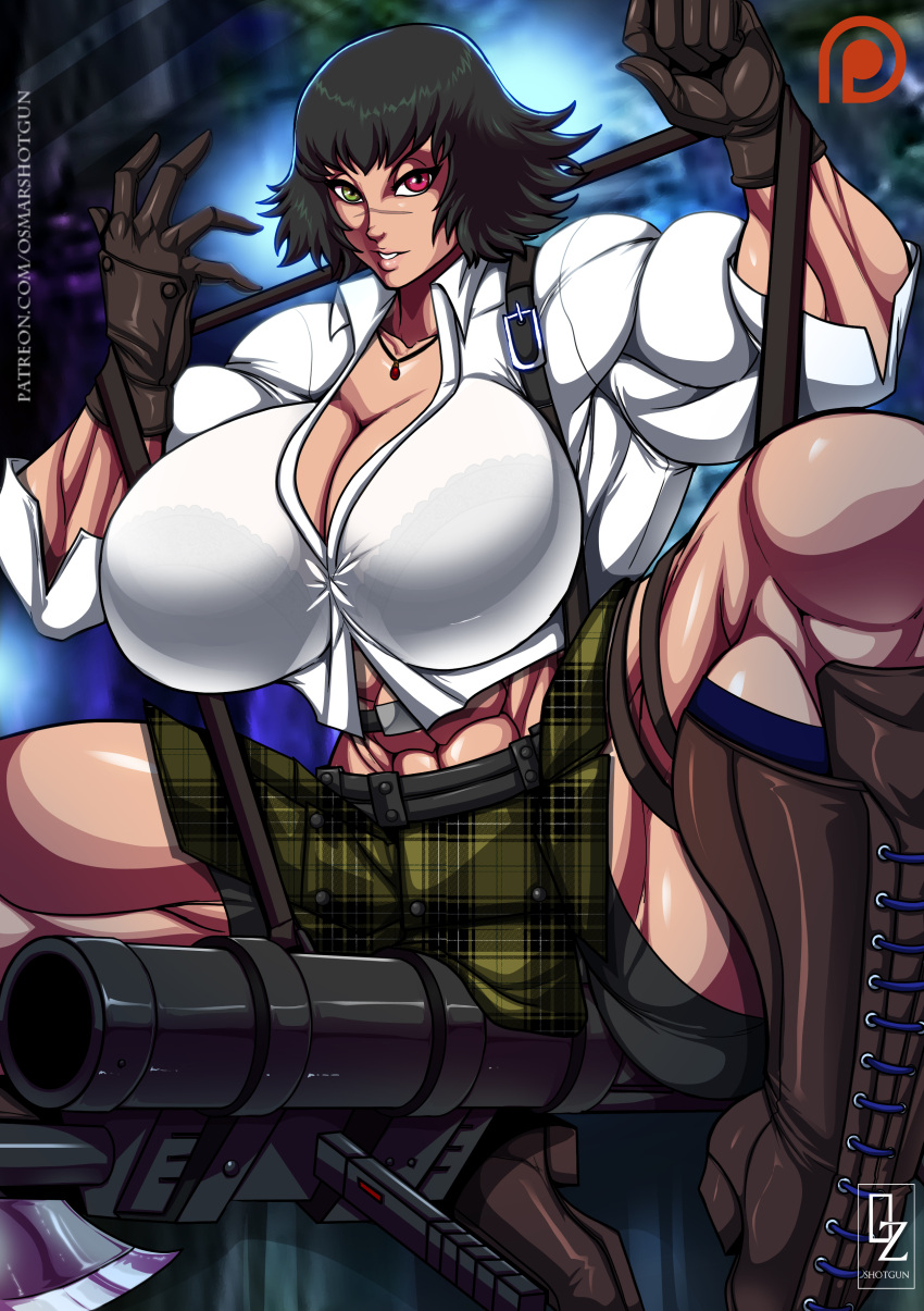 1girls 2d alternate_body_type axe bazooka black_hair boots cleavage devil_may_cry devil_may_cry_3 female female_only gloves gun heterochromia huge_breasts lady_(devil_may_cry) muscular muscular_female necklace no_eyewear osmar-shotgun patreon plaid_skirt scar short_hair skirt solo tan_skin