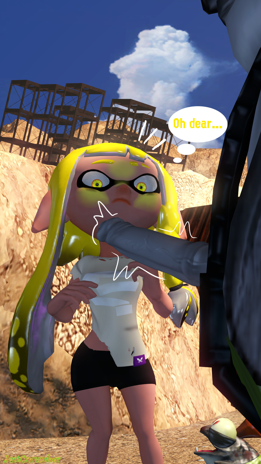 1boy 1girls animal_humanoid anthro big_penis blush cephalopod cephalopod_humanoid cohock_(splatoon) colored_hair humanoid inkling inkling_girl justcucumber looking_at_penis mask_(marking) new_agent_3_(splatoon) nintendo penis penis_awe pointy_ears ripped_clothing salmonid sfm shorts size_difference source_filmmaker splatoon splatoon_3 squid surprised tentacle tentacle_hair text tight_shorts uncensored veronika_(splatoon) wide_eyed yellow_eyes yellow_hair