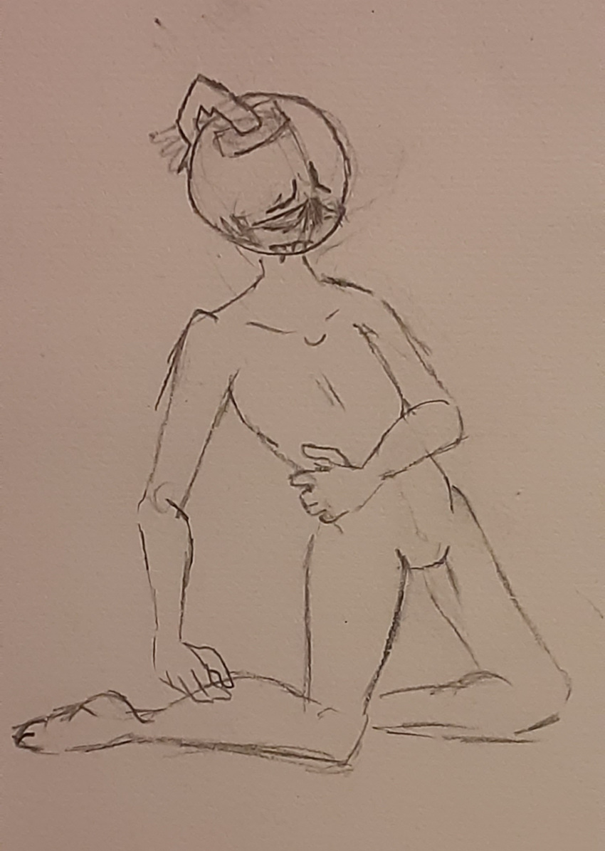 1boy androgynous black_skin blush friday_night_funkin friday_night_funkin_mod kneeling male male_only male_solo naked no_nipples no_nose object_head pencil_(artwork) sketch traditional_media_(artwork) vs_whitty_(fnf_mod) whitty_(fnf_mod) whitty_(friday_night_funkin)