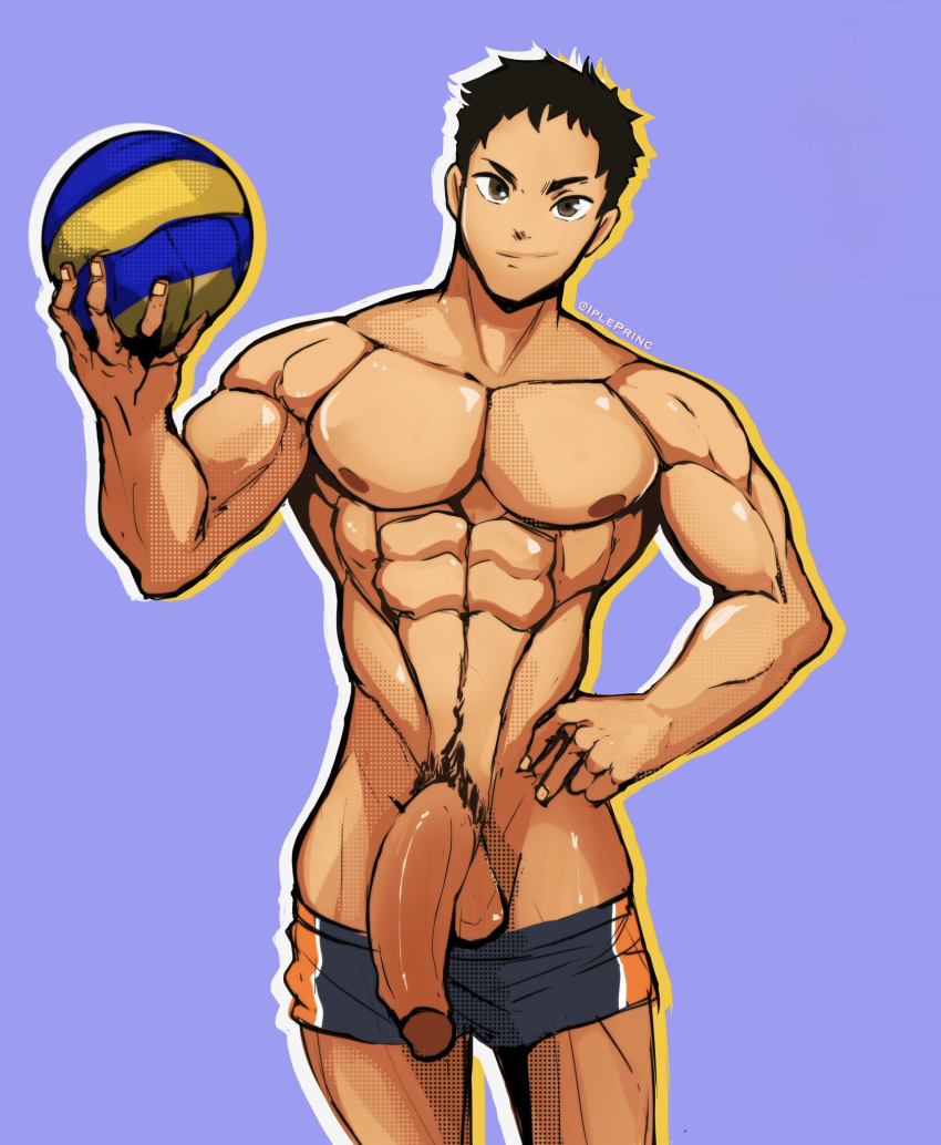 1boy abs balls balls_out bara biceps big_balls big_muscles big_penis black_hair boxers boxers_(clothing) brown_eyes brown_nipples fitness grabbing_object grey_boxers grey_underwear haikyuu!! hand_on_hip holding_object huge_cock human human_only lad light_purple_background lilprincyvi looking_at_viewer male male_chest male_focus male_only muscle muscles muscular muscular_male nipples pecs pectorals penis penis_out penis_out_of_underwear pose posing presenting presenting_penis pubic_hair purple_background sawamura_daichi shirt_removed smile smirk smirking solo solo_focus solo_male standing topless underwear underwear_down underwear_only volleyball