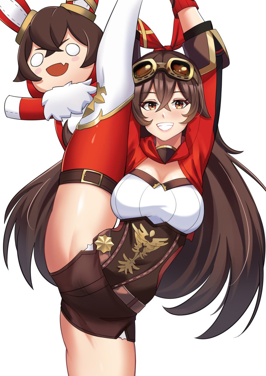 1girls amber_(genshin_impact) big_breasts boots brown_hair cawfield clothed eyewear_on_head female_only fully_clothed genshin_impact goggles goggles_on_head hair_tie long_hair looking_at_viewer one_leg_up smiling smiling_at_viewer vertical_splits