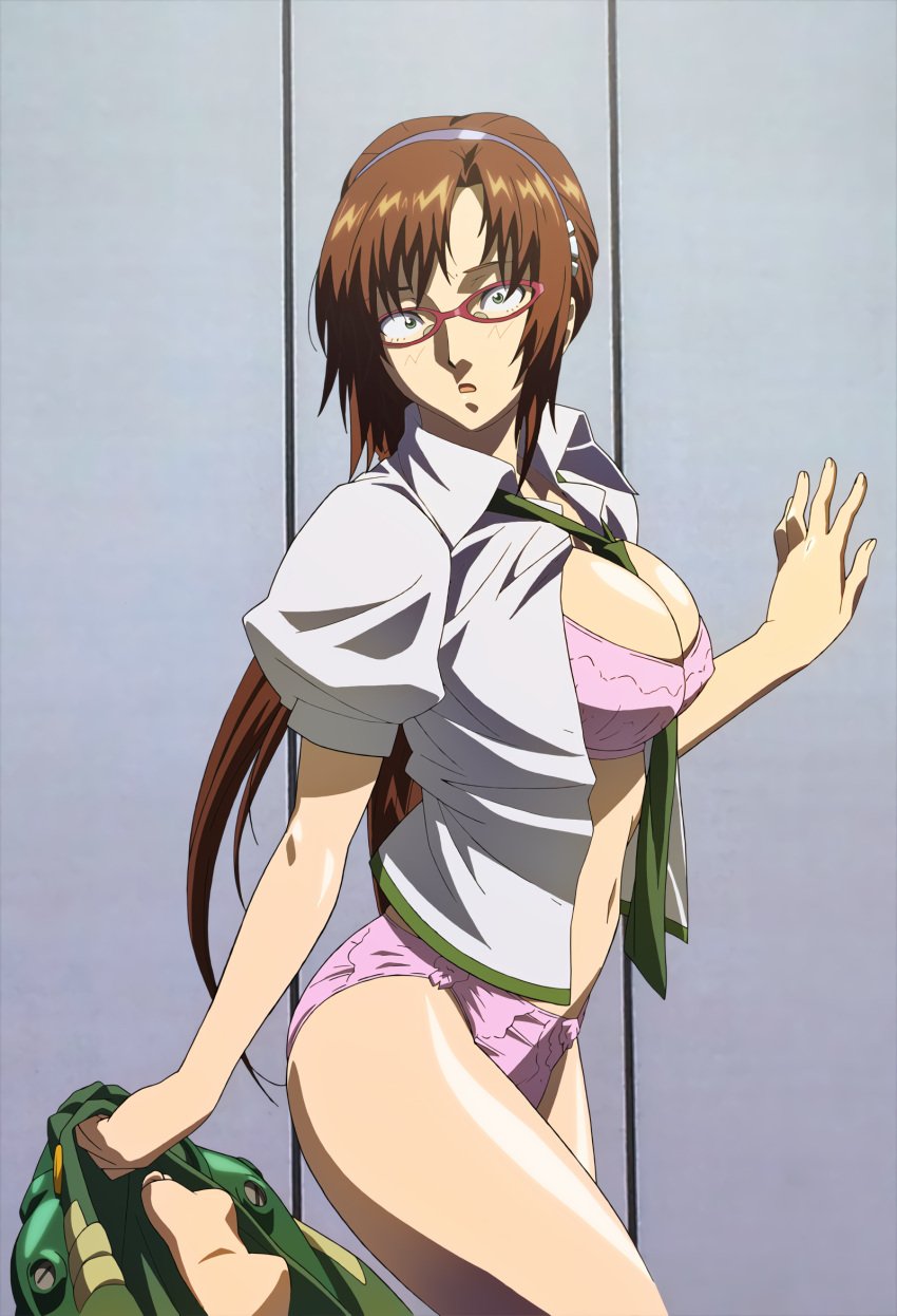 1girls big_breasts blush bra breasts brown_hair busty caught cleavage constricted_pupils feet female female_only glasses highres human large_breasts legs lingerie long_hair looking_at_viewer mari_illustrious_makinami navel necktie neon_genesis_evangelion open_clothes open_shirt panties pink_bra pink_panties rebuild_of_evangelion school_uniform surprised thighs underwear undressing voluptuous walking wide_sleeves yabusame