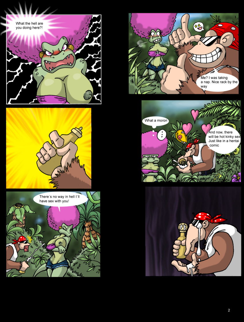 angry breasts clothing comic day donkey_kong_(series) female funky_kong fur holding interspecies kalypso kong kremling lordstevie male mammal nintendo outdoors primate rejection scalie smile tagme text