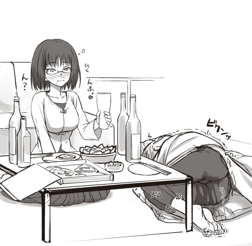 2girls alcohol anime_style black_and_white blush breasts chips_(food) chopsticks condessa drinking food glasses hair pizza pizza_box pussy_juice shivering sitting sitting_down snacks wine_bottle