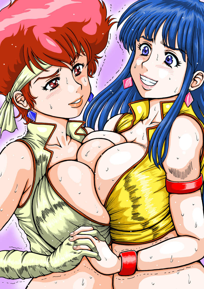 2019 2girls blue_hair blush breasts busty cleavage curvaceous dark-skinned_female dark_skin dirty_pair female female_focus fingerless_gloves hanging_breasts headband hourglass_figure human kei_(dirty_pair) large_breasts light-skinned_female light_skin long_hair multiple_girls red_hair short_hair sonjosokora symmetrical_docking tagme tomboy wide_hips yuri_(dirty_pair)