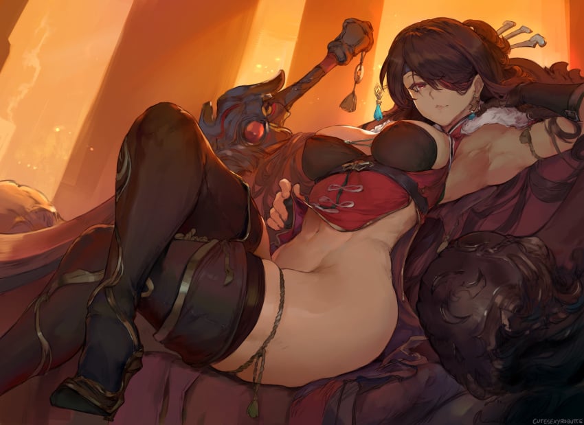 1girls abs absurd_res armpits artist_name beidou_(genshin_impact) black_hair boots breasts crossed_legs cutesexyrobutts eye_patch female female_focus female_only genshin_impact hair_over_one_eye heel_boots hi_res horny looking_at_viewer midriff muscles muscular muscular_arms muscular_female muscular_thighs naked no_panties nude nude_female one_eye_covered red_eyes signature sitting smile solo solo_female sword thigh_boots thighhigh_boots throne