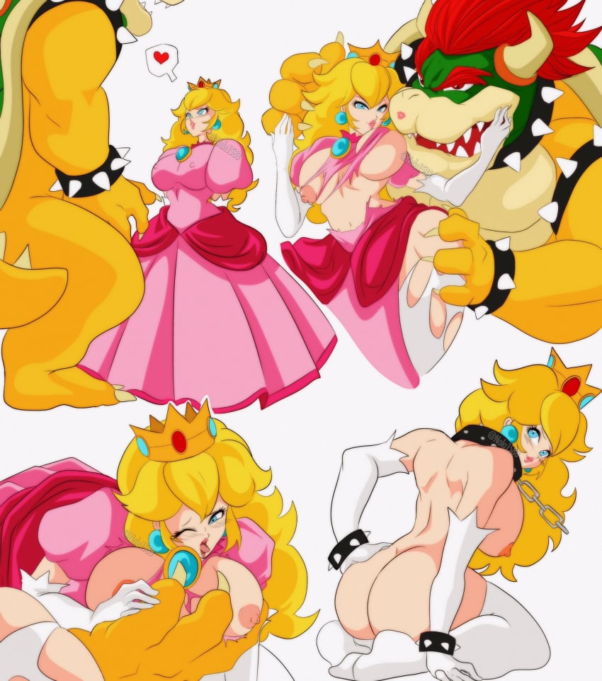 1boy 1girl 1girls arm_support armlet arms_behind_back artist_name ass back bangs big_breasts black_collar blonde_hair blue_eyes bowser bracelet breast_grab breast_squeeze breasts breasts_out brooch chain chain_leash chains character_name choker claws clothed clothing collar covered_erect_nipples cropped_legs cropped_torso crown deep_skin dress earrings elbow_gloves erect_nipples eyelashes female feral furrowed_brow gloves green_shell_(mario) groping hand_on_another's_cheek hand_on_hip hands_up heart heart-shaped_pupils highres horns impossible_clothes impossible_dress interspecies jewelry kneeling koopa large_breasts large_hands leaning_forward leash lips lipstick_mark long_dress long_hair looking_at_another looking_at_viewer male mario_(series) multiple_images multiple_views nala1588 navel nintendo nipple_bulge nipples no_shoes nostrils nude one_eye_closed open_mouth parted_lips pink_dress pink_lips princess_peach puffy_short_sleeves puffy_sleeves red_eyes red_hair ripped_clothing sharp_teeth shell short_sleeves shoulder_blades simple_background size_difference slave smile speech_bubble spiked_armlet spiked_bracelet spiked_collar spiked_shell spiked_tail spikes spoken_heart standing stockings super_mario_bros._1 symbol-shaped_pupils tagme tail teeth thick_eyebrows thick_thighs thigh_grab thigh_squeeze thighhighs tight_clothing tongue tongue_out torn_clothes torn_dress torn_legwear twitter_username unaligned_breasts white_background white_gloves white_stockings white_thighhighs