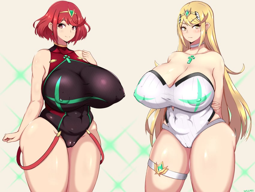 2girls alternate_breast_size areola areola_bulge areolae blonde_hair blush blushing breasts cameltoe chubby chubby_female cleavage ear_piercing eyebrows eyebrows_visible_through_hair female female_focus female_only hair_ornament huge_breasts leotard long_hair looking_away massive_breasts multiple_girls mythra navel nintendo nipple_bulge nipples one-piece_swimsuit pussy pyra red_eyes red_hair shiny shiny_hair shiny_skin short_hair simple_background skindentation slightly_chubby swimsuit swimwear thick_thighs thighs tight_clothing tight_fit tight_swimsuit venus_body voluptuous wlcmt xenoblade_(series) xenoblade_chronicles_2 yellow_eyes