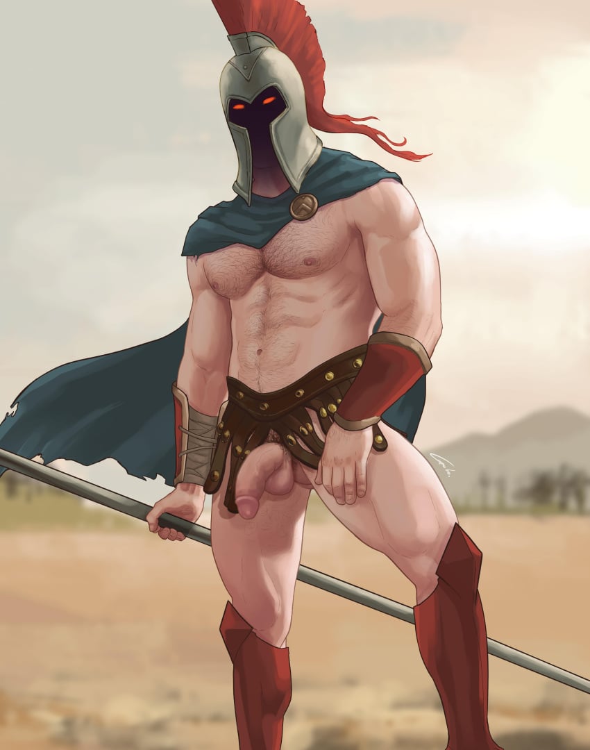 1boy abs biceps exposed gabo_artist human human_only league_of_legends leather male male_only muscular nude outside pantheon pecs penis red_eyes thick_thighs